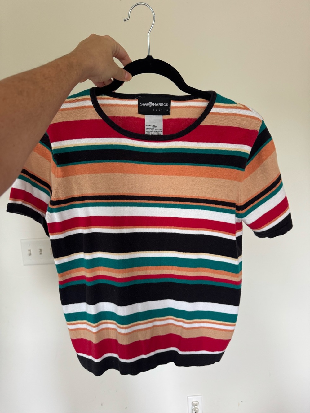 Sag Harbor Multicolor Striped Short-Sleeve Knit Top - Teal, Red, Black, Tan